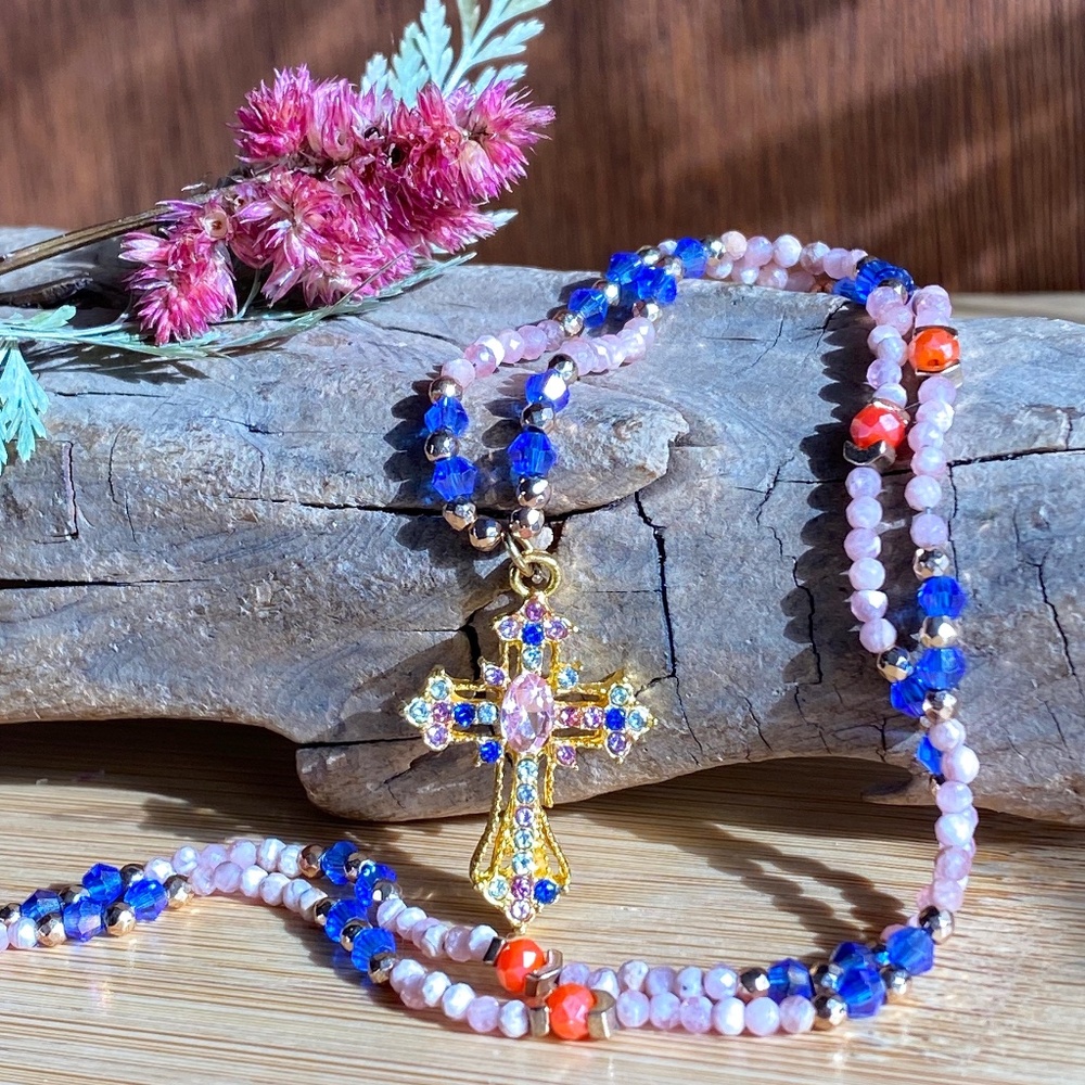 Rhodochrosite with Austrian Crystals Christian Cross Necklace